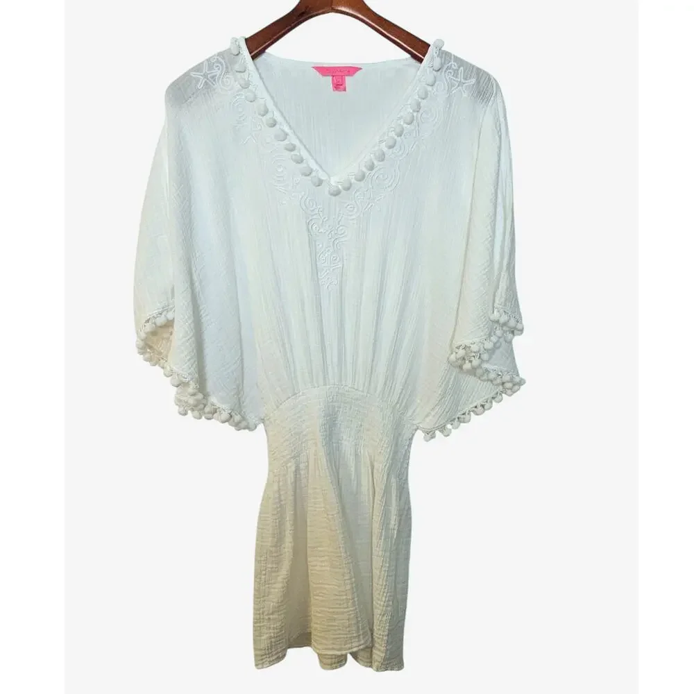 Lilly Pulitzer White Amaury Embroidered V-Neck Beach Cover-up